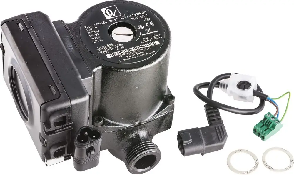 Hocheffizienzpumpe von Bosch, schwarz, mit elektrischer Anschlussbox, zwei Kabelsteckern und zwei Dichtungen, zur Verwendung in Heizsystemen.
